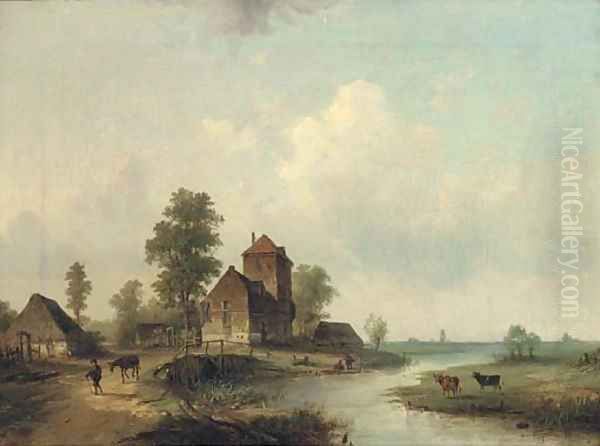 Figures by a bridge, a Dutch hamlet Oil Painting by Louis Smets