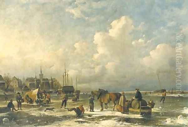 Figures and skaters on a frozen lake Oil Painting by Louis Smets