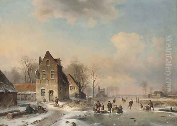 Skaters on a frozen river Oil Painting by Louis Smets