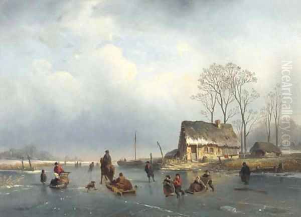 Winter fun on a frozen waterway Oil Painting by Louis Smets