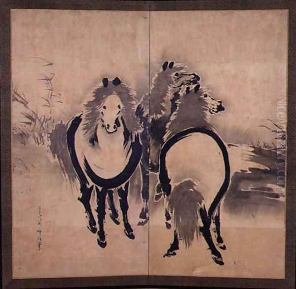 Horses, Japanese, Edo period, c.18th century Oil Painting by Soga Shohaku