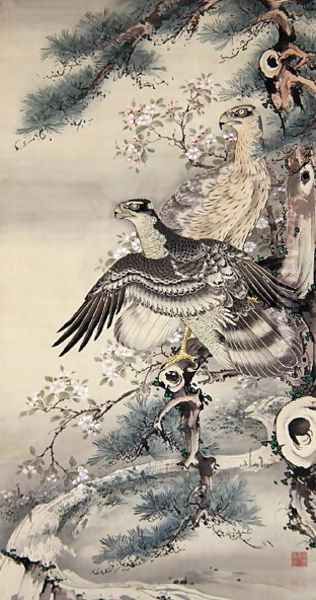 Pair of Hawks with Branch and Blossoms Oil Painting by Soga Shohaku