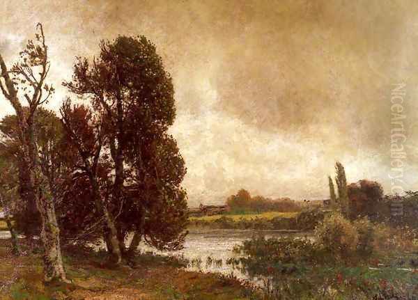 Gewitter Uber Sommerlicher Flusslandschaft (Thunderstorm over a Summer River Landscape) Oil Painting by Adolf Stabli