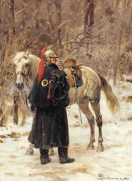 A French trumpeter standing by his mount in a winter landscape Oil Painting by Francois Schommer