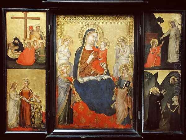 Triptych, Madonna and Child Enthroned flanked by scenes from the Life of Christ Oil Painting by Puccio di Simone