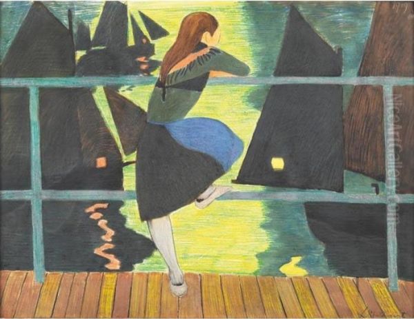 Jeune Fille Accoudee Au Bastingage, Face Au Port Oil Painting by Leon Spilliaert