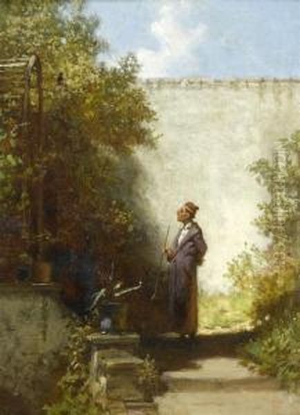 In The Garden - The Philosopher Oil Painting by Carl Spitzweg