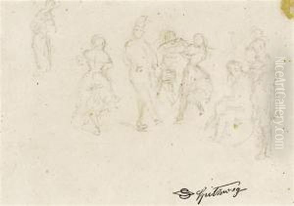 Various Figure Studies On A Sheet Oil Painting by Carl Spitzweg