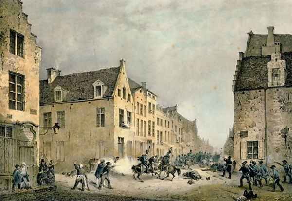 Diversion of a Dutch Division at the Porte de Flandre, Brussels, 23rd September 1830, engraved by Jean Baptiste Madou 1796-1877 Oil Painting by Gustave Adolphe Simoneau