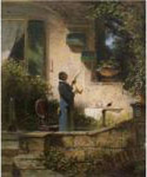 Die Lekture (an Important Missive) Oil Painting by Carl Spitzweg