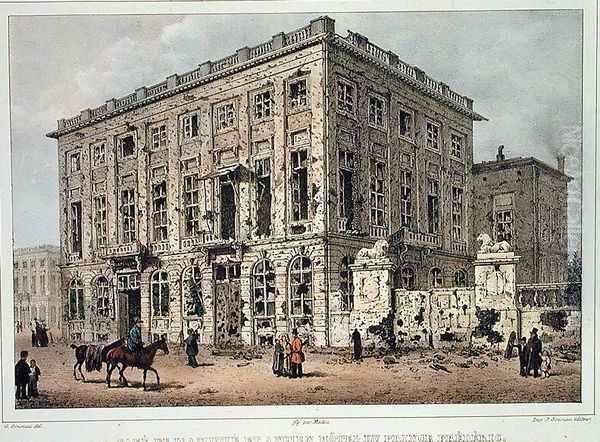 The Cafe Amitie and the Old Hotel du Prince Frederic, Brussels, after the Fighting of 23rd-26th September 1830, engraved by Jean Baptiste Madou 1796-1877 Oil Painting by Gustave Adolphe Simoneau