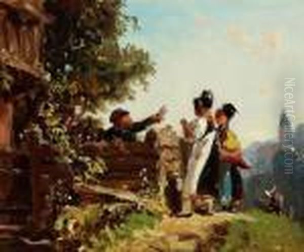 Schwabenmadel Am Gartenzaun Oil Painting by Carl Spitzweg