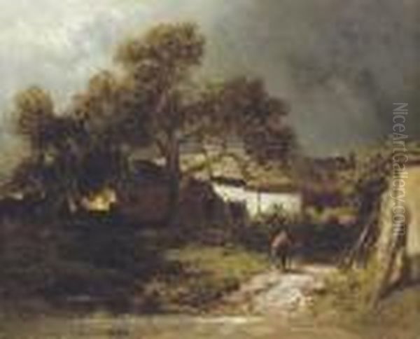 Alte Bauernhauser: Rural Landscape Oil Painting by Carl Spitzweg