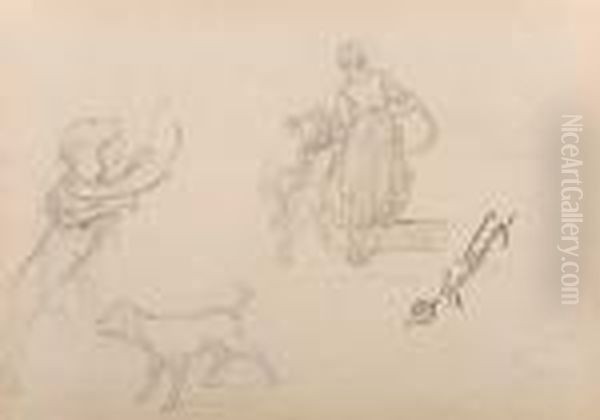 Double-sided Sheet Of Studies With A Portrait Of A Cellist Inprofile Oil Painting by Carl Spitzweg