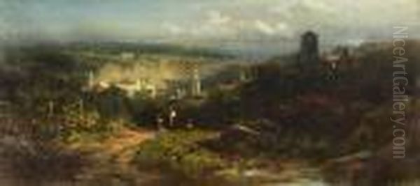 Landschaft Mit Burgtrum Und Stadt Im Tal Oil Painting by Carl Spitzweg