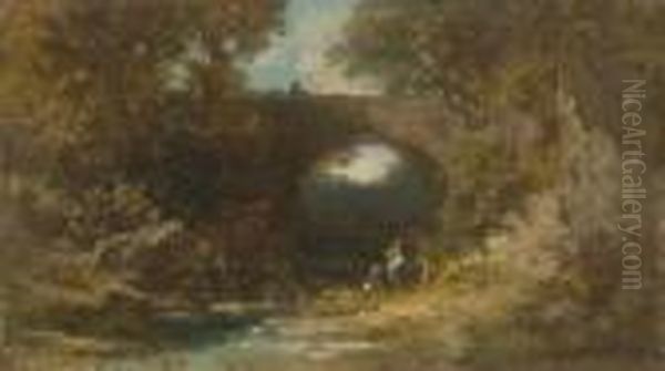 Landschaft Mit Brucke. Oil Painting by Carl Spitzweg