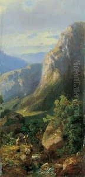 Hochgebirgslandschaft Mit Jungem Paar Beim Fischen. Monogrammiert Unten Rechts: Cs (im Oil Painting by Carl Spitzweg