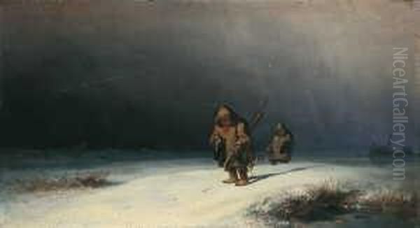 Zwei Lapplander Im Winter. Im 
Hintergrund Ein Gestrandetes Schiff. Monogrammiert Unten Rechts: S Oil Painting by Carl Spitzweg