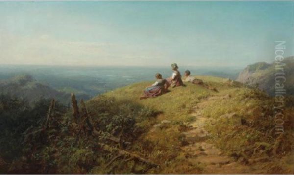 On Top Of The Hill (auf Freier Hoehe) Oil Painting by Carl Spitzweg