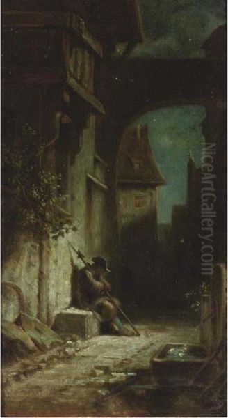 Eingeshlafener Nachtwachter: Sleeping Night Watchman Oil Painting by Carl Spitzweg