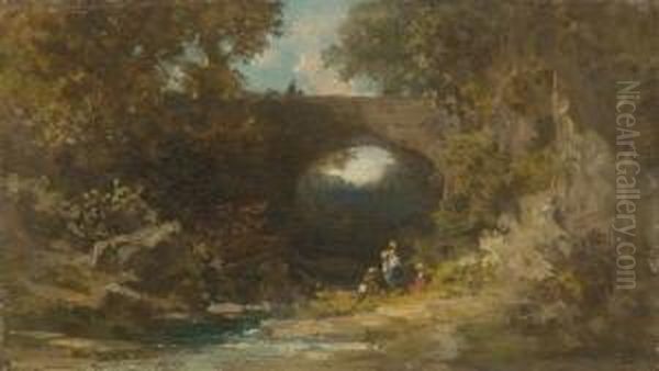 Landschaft Mit Brucke. Oil Painting by Carl Spitzweg