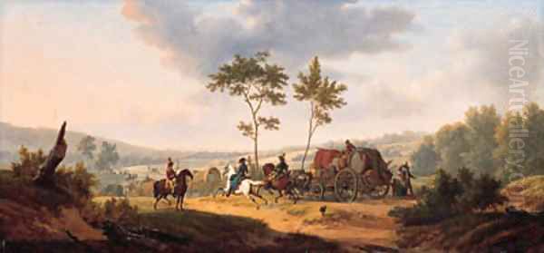 An extensive wooded landscape with cavalrymen escorting a wagon train Oil Painting by Joseph Swebach-Desfontaines