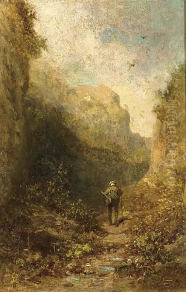 Hunter In A Mountainous Landscape Oil Painting by Carl Spitzweg