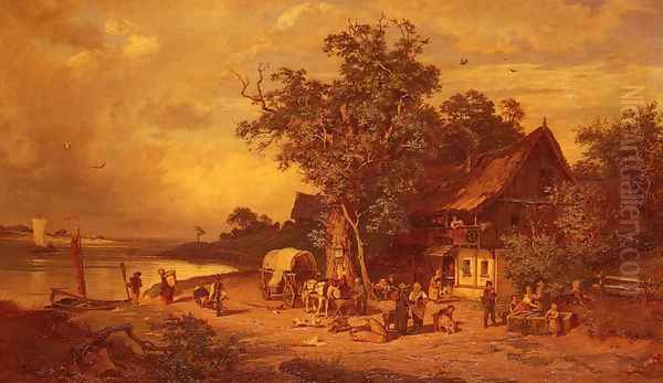 The Inn at the Estuary Oil Painting by Rudolphe Heinrich Schuster