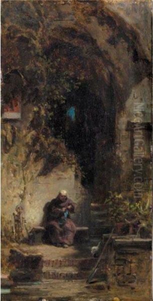 Eremit, Strumpfe Strickend (monk Knitting Socks) Oil Painting by Carl Spitzweg