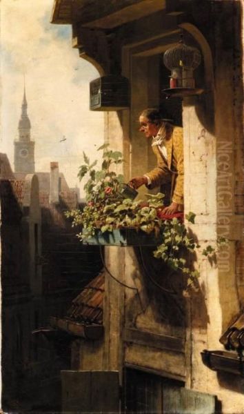 A Man Watering Flowers In A Window Box Oil Painting by Carl Spitzweg