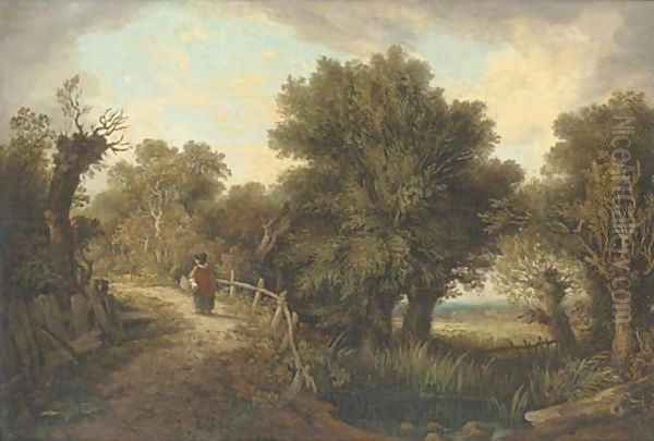 Figure by a pond in a wooded landscape Oil Painting by James Sillett