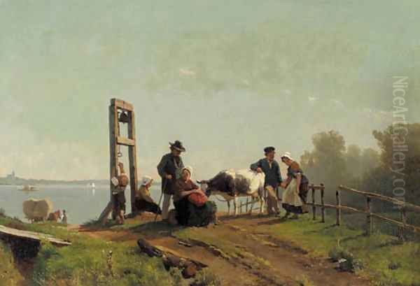 Peasents waiting for a ferry, lower Rhine Oil Painting by Jacobus Nicolaas Tjarda Van Stachouwer