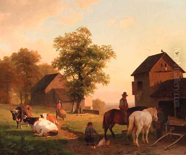 Farmyard with peasants and cattle Oil Painting by Jacobus Nicolaas Tjarda Van Stachouwer