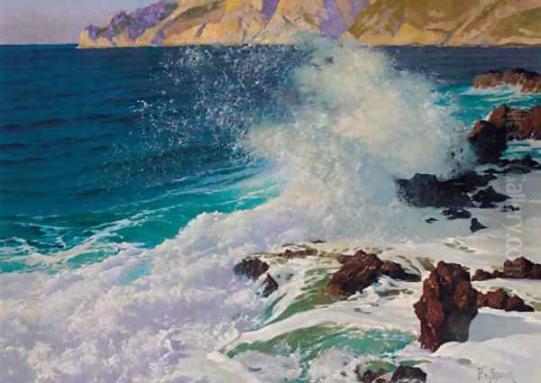 Waves breaking on the Mediterranean coast Oil Painting by Paul von Spaun