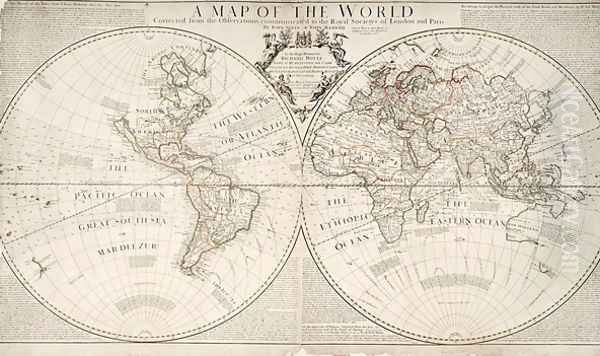 A Map of the World, Corrected from the Observations communicated to the Royal Societys of London and Paris, to the Right Honourable Richard Boyle, 1711 Oil Painting by John Senex