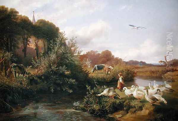 Geese Grazing near Rahlstedt Oil Painting by Otto Speckter