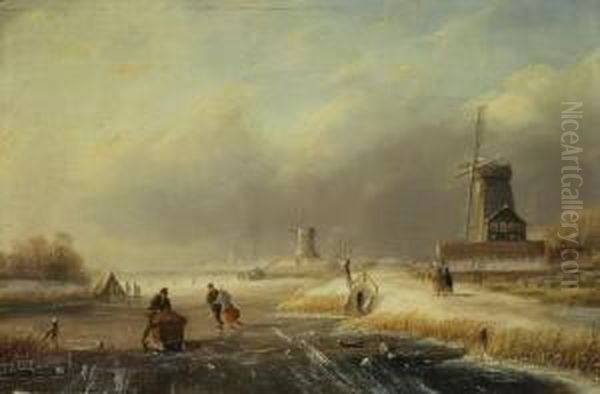 Winterlandschaft Mit Zweiwindmuhlen Oil Painting by Jan Jacob Coenraad Spohler