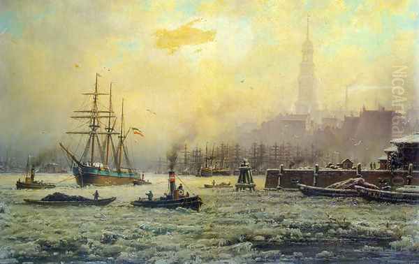 View of the Harbour of Hamburg in the Winter Oil Painting by Georg Schmitz