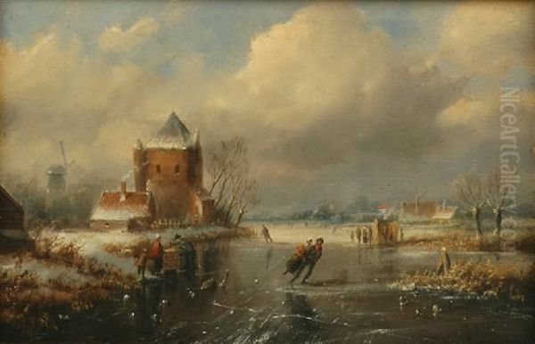 Skating On A Frozen Lake Oil Painting by Jan Jacob Coenraad Spohler