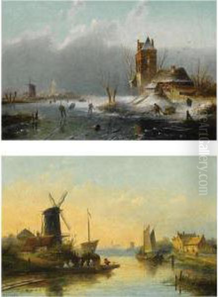 A Summer Landscape With A Ferry 
At A Riverside Windmill; A Winterlandscape With Skaters On The Ice (a 
Pair) Oil Painting by Jan Jacob Coenraad Spohler