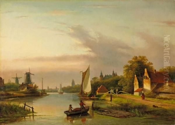 Hollandischeflusslandschaft Oil Painting by Jan Jacob Coenraad Spohler