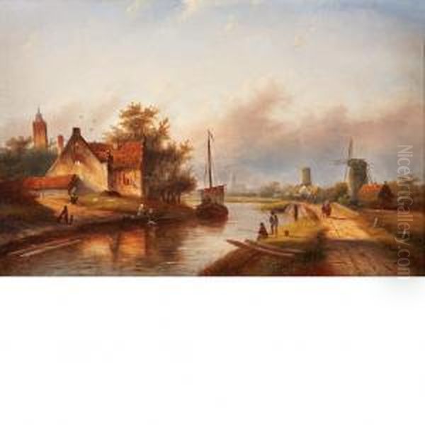 Along A Dutch Canal Oil Painting by Jan Jacob Coenraad Spohler