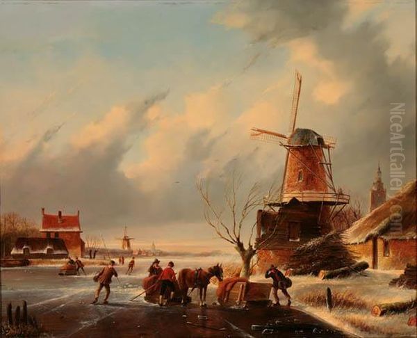 Villagerson A Frozen River Oil Painting by Jan Jacob Coenraad Spohler