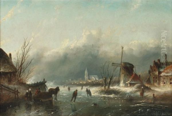 A Frozen Waterway In A Dutch Town Oil Painting by Jan Jacob Coenraad Spohler