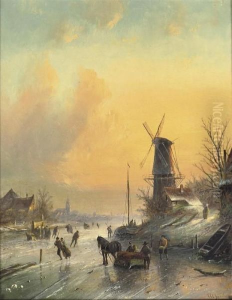 Skating Past The Windmill Oil Painting by Jan Jacob Coenraad Spohler