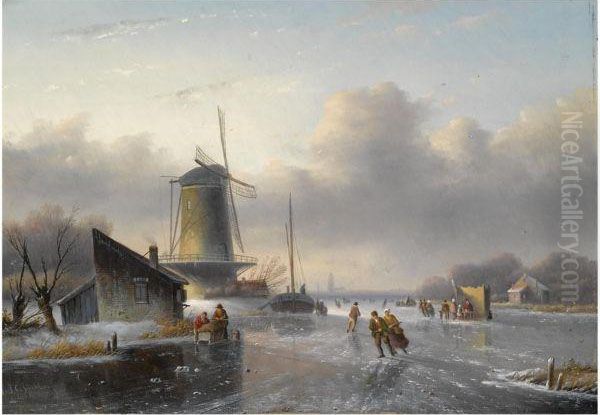 Skaters On A Frozen River, A 'koek En Zopie' In The Distance Oil Painting by Jan Jacob Coenraad Spohler