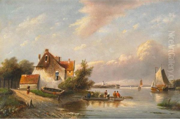 Ferry At A Riverside Town Oil Painting by Jan Jacob Coenraad Spohler