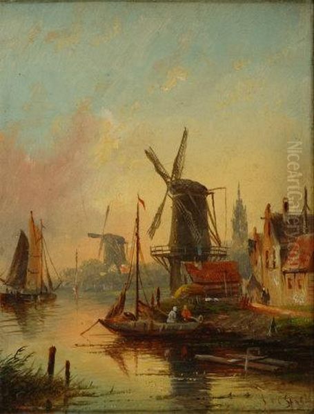 Dutch A Dutch River Scene With Boats And Windmills Oil Painting by Jan Jacob Coenraad Spohler