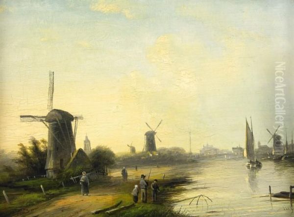 Hollandskt Kanallandskap Med Vaderkvarn Och Figurer Oil Painting by Jan Jacob Coenraad Spohler