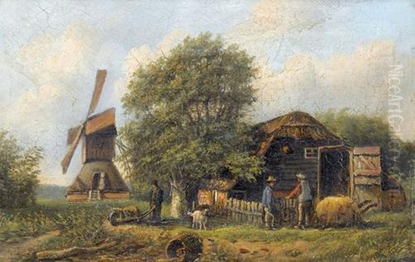 Windmuhle Bei Einem Gehoft Mit Figurenstaffage. Oil Painting by Jan Jacob Coenraad Spohler